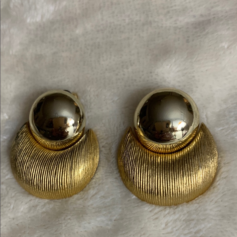 BJI Gold Tone Clip Earrings with Raised Domed Top and Matte Crescent Bottom